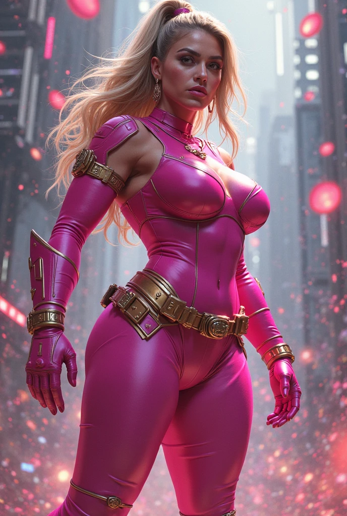 Best quality, 8K, vivid color, woman retro super hero futurism, full body, standing, facing away from the observer, golden hair, long eyelashes, light purple shiny leotard, cleavage, metalic details, light green pantyhose, neutral sci-fi scenario