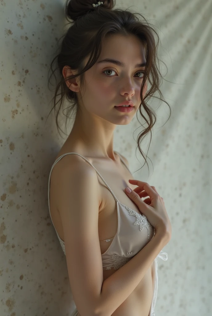 editorial photography,super detailed background,Super realistic,double exposure,depth of field,beauty super slender skinny young vides,soft focus pure tone,narrative scene,Plain color lyocell camisole,lean against the concrete wall,from directly below,A-cup bra size,fingering nipples,