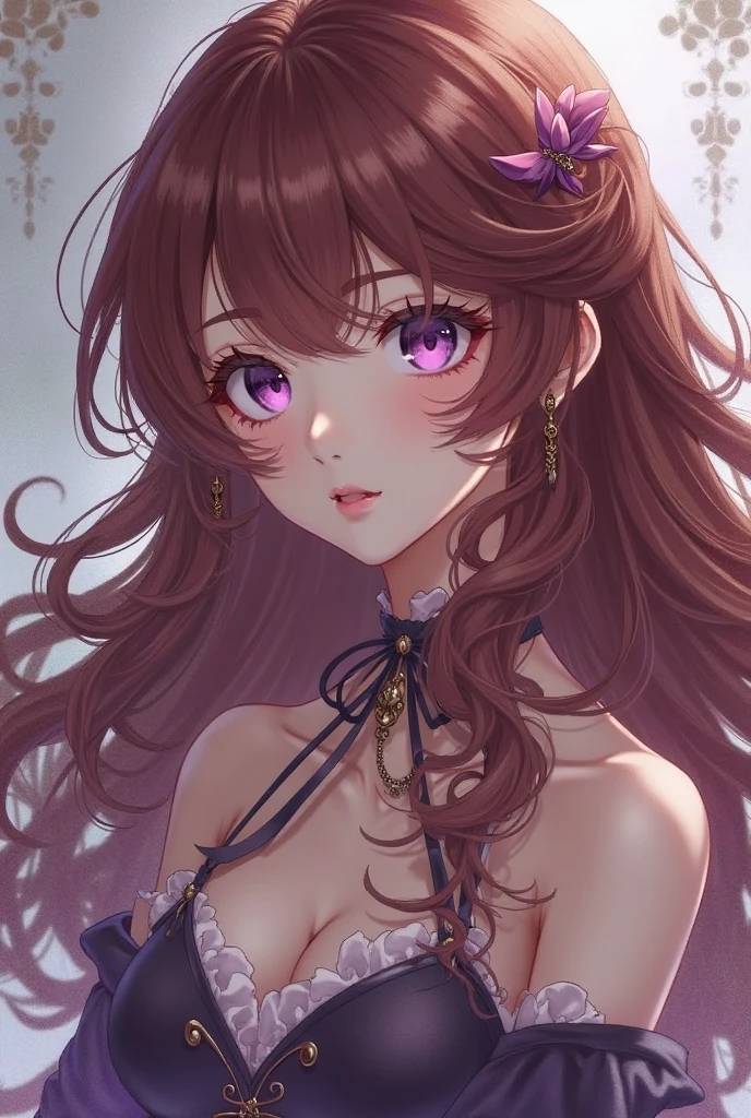 Anime Girl with long brown pigtails and purple eyes with heart pupils drawn in chainsaw man artstyle