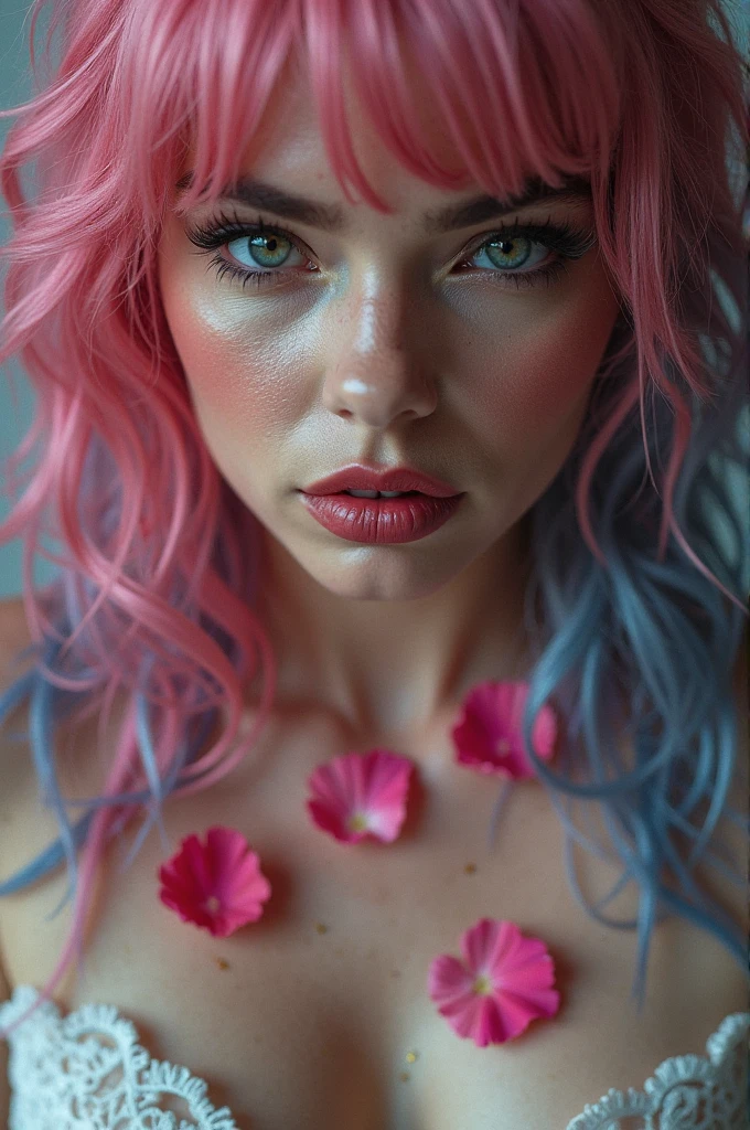 highly detailed, seductive erotic female is sweating, boobs covered in rose pedals, (busty, pink/blue hair), centered on the face, face focused, intricate eyes,