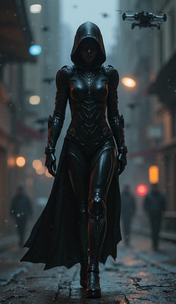 Female warrior,alien body invasion,Heavy metals,energy line,anonymous,bright eyes,elegant,excruciating,black and orange uniform,helmet bị biến dạng,Alone,modern,city,street,Dark Clouds,Thunder,heavy rain, ,Impressive lighting,,(Masterpiece:1.2), Highest quality, High resolution, Beautiful detail, high detail, perfect light, helmet, Dark Clouds, desert