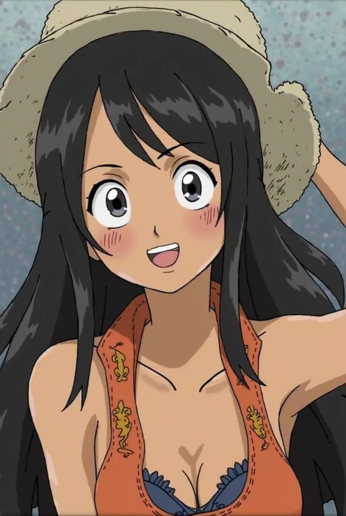 score_9, score_8_up, score_7_up, best quality, masterpiece, source_anime, anime screencap, one_piece_wano_style, clear face, 1girl, solo, black hair, short hair, brown eyes, large breasts,bare shoulders, belt, cleavage, hair bobbles,red tube top, one-piece dress, angel wings, brown mini skirt, clevage, outdoor, smile, looking at viewer, upper body, icon,