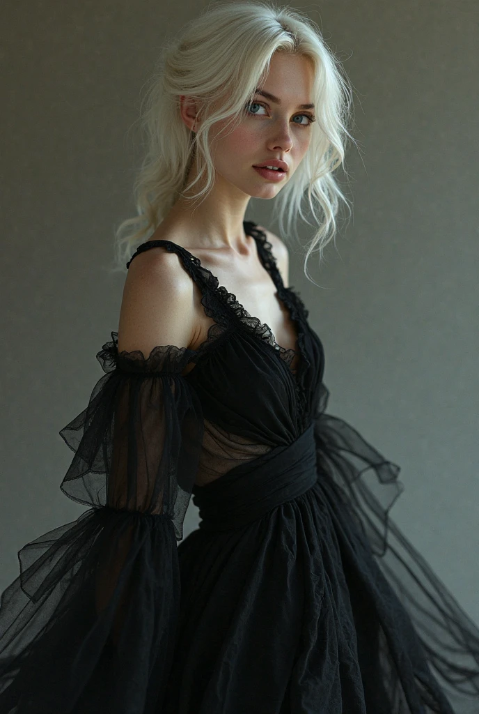 Very beautiful 15 year old girl, with white hair up and white skin and blue eyes with a short black dress that shows her full body 