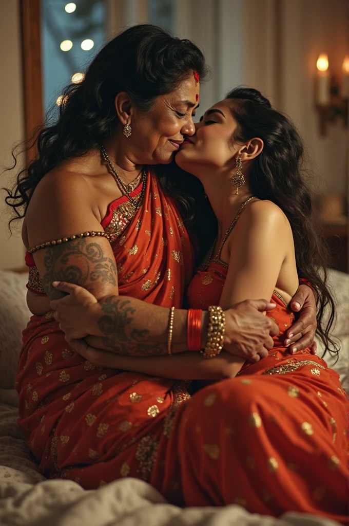 A heartwarming scene of an elderly woman with long, flowing totaly wet 3c curly gray hair and traditional Indian attire with unhooked saree jacket with exposing her eldey breast,adorned with gold earrings and bangles, wildy kissing her 29 years old grand-daughter, who has tousled dark cornrow braided hair and is wearing a bra and panty,her part of  long cornrow braides flows her face with wildness eyes wjere the sexuality iminate,The background features soft, warm lighting from a window, with hints of a cozy home setting filled with plants and a table with fruits, capturing a moment of love and connection.vibrant colors, soft focus, and sexual emotional depth.