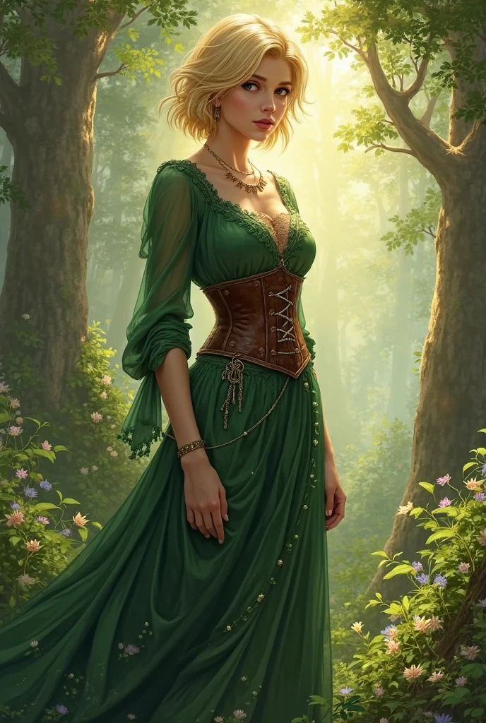 illustration of A stunningly beautiful girl, sexually suggestive illustration modelshoot style, Beautiful (Margaery Tyrell) bombshell from Game of Thrones, gorgeous face, (detailed facial features), green eyes, long light brown hair, 20 years old, ultra detailed texture green dress, jewelry, plunging neckline, seductive, flowers, forest, fantasy, sexy, intricate, flowing, elegant, white magic, seductress, high sensuality, best quality masterpiece, , shallow depth of field, broad light, high contrast, backlighting, bloom, light sparkles, chromatic aberration, sharp focus, RAW color photo, she is smiling at the viewer with a mischievous expression, seductive smile, sultry look, smirk