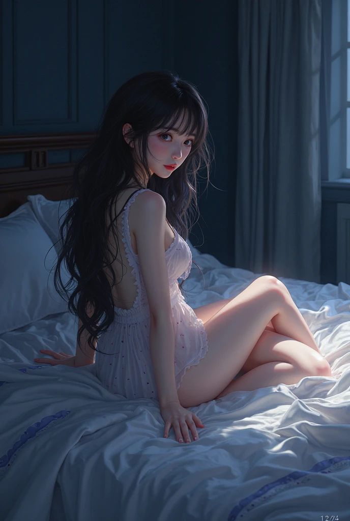 ((masterpiece)), ((best quality)), 2k, high detailed, ultra-detailed, A petite young girl with delicate features, petite young woman, white delicate skin, perfect curves, innocent expression, flowing hair, elegant posture, soft lighting, serene backdrop, moonlit setting, gentle wind, tender atmosphere.