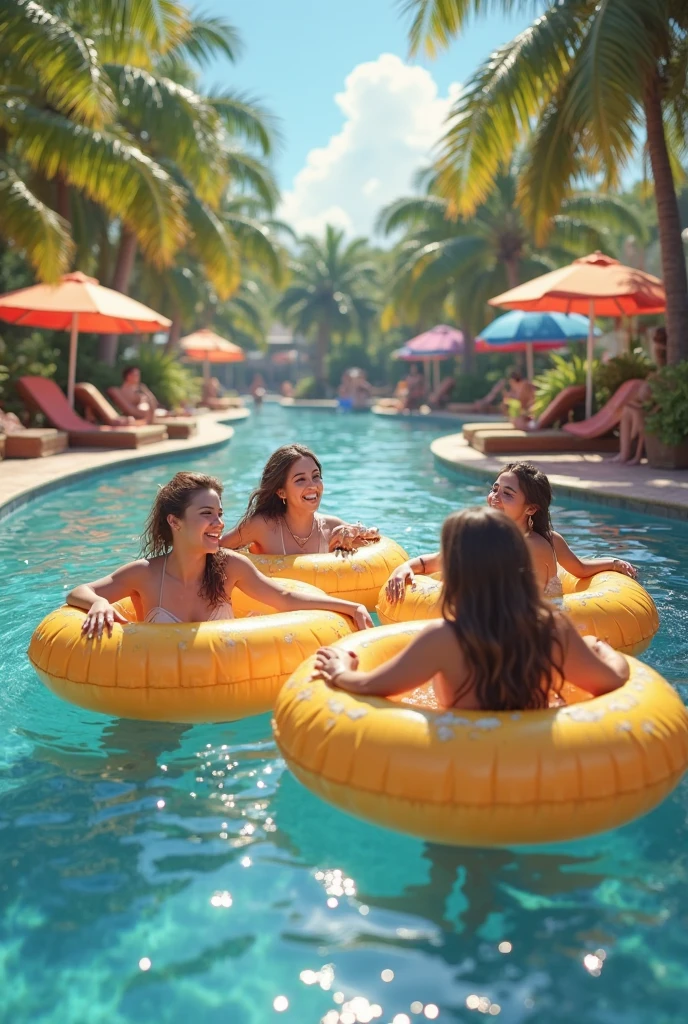 (Best quality Big breasts,8K,master-piece:1.3)there is a pool with a yellow floatie and palm trees, tropical pool, realistic 3 d style, 3 d illustration, 3d illustration, realistic scene, cute 3 d render, in style of 3d render, 3 D CG, 3D CG, stylized 3d render, photorealistic illustration, summer swimming party, 3d scene, 3d scene