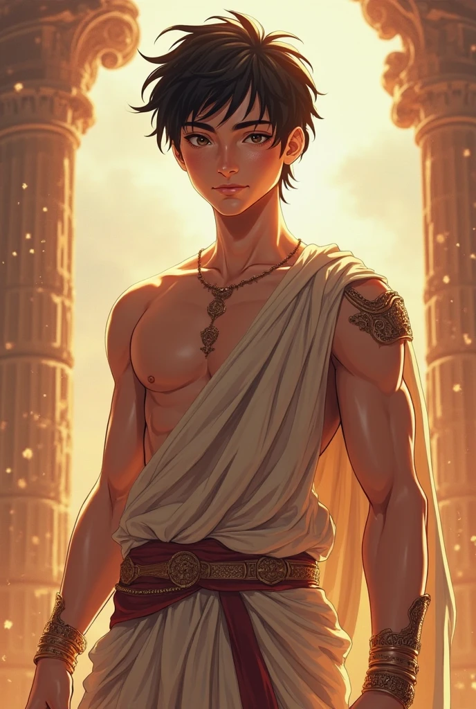 boy, very attractive boy, mexican ethnicity. Shoulder-length jet black hair, with bangs of hair on either side of his handsome face, young man, solo, Attractive. handsome face. mischievous expression, blue eyes, brown hair, tan skin, jacked muscle, beautiful musculature, aesthetic striations, inspirational physique, lean muscle, square pecs, beautiful v-taper, great abs and torso, bright bodysuit, standing front (young face) he wears She wears a coarse brown cloth loincloth. Ruins of a desert temple background.
