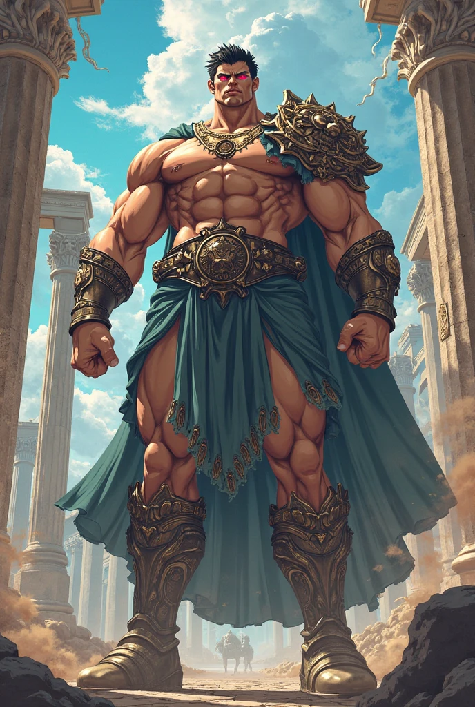 Ripped hero, shirtless upper body, legs revealed from thighs to feet, cascading long curls, intricate muscular details, photorealistic artwork, 4K resolution. Background: Mystic ancient ruins with glowing symbols,32k uhd, best quality, masterpiece, super detail, high details