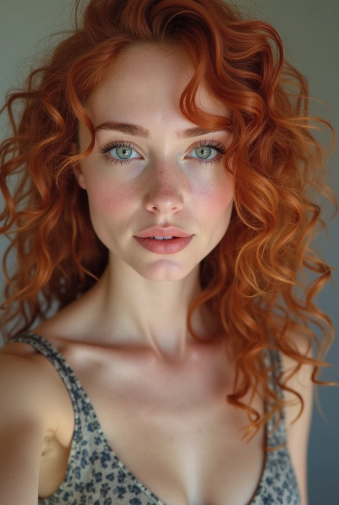Woman with a curly strawberry-red hair of Irish heritage. Pale-creamy white skin with cute little freckle, long slender legs, and a nice,  frame that held a pair of firm 32B breasts.