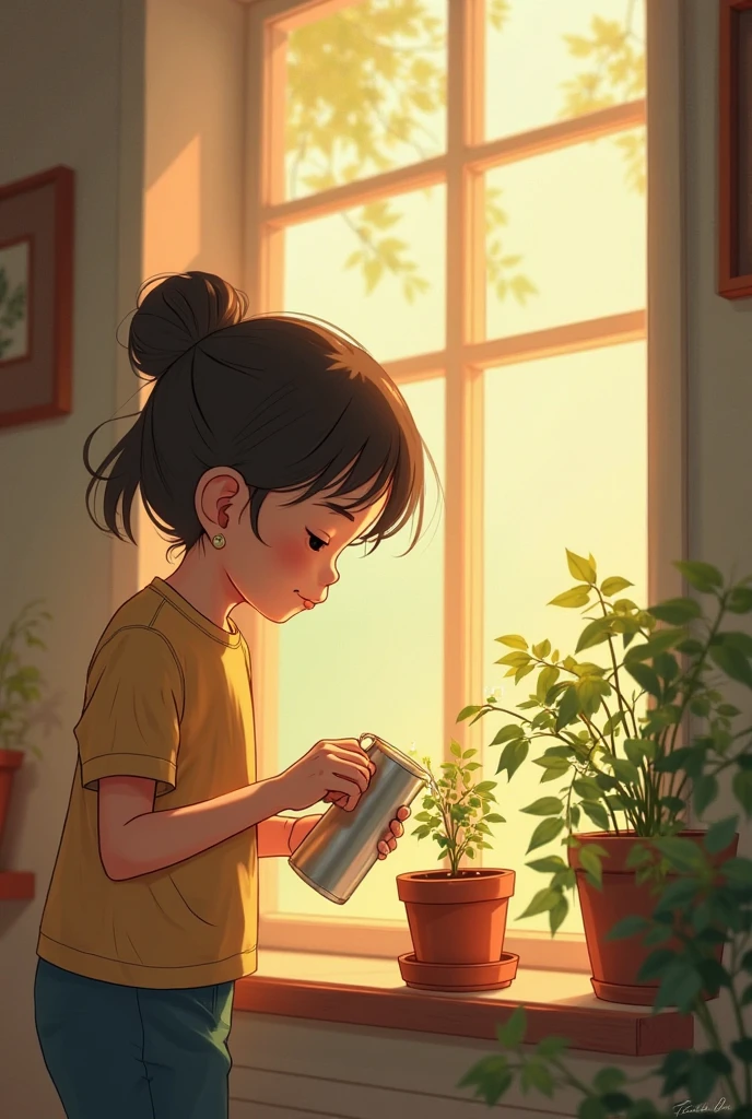 A town young big girl with specs and tied hair in a ponytail wearing white tshirt and mini skirt. She place the jar on her windowsill where it would get plenty of sunlight.