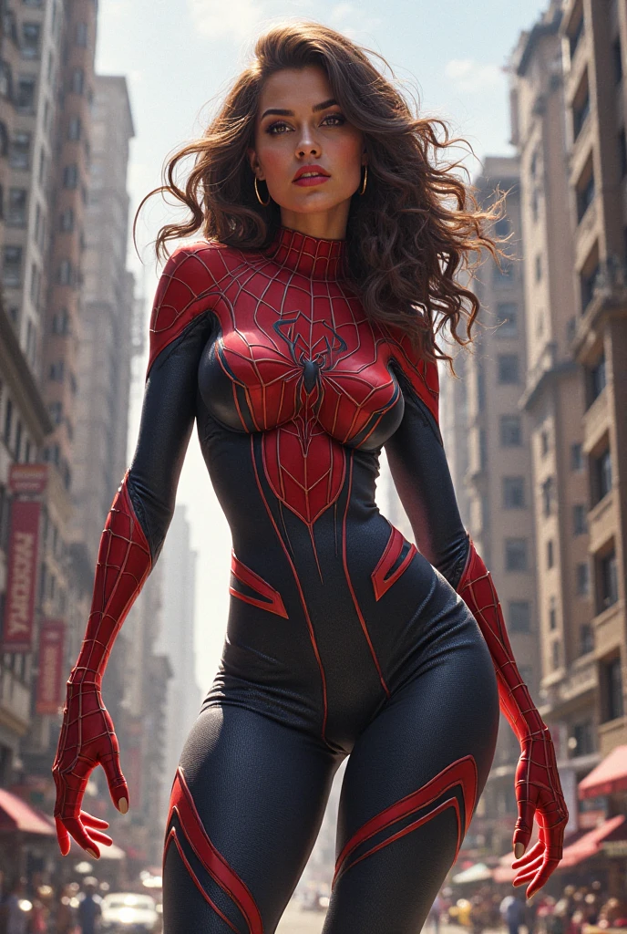 Create an image of a sexy and tall dark brunette with slightly wavy hair, standing at 175cm tall. The woman should be dressed in a sexy spiderman cosplay costume that showcases her hourglass figure and sexy body, with a focus on highlighting her perfect ass. The image should be captured from behind, looking above the woman's shoulder, with the cityscape visible in the background. The woman should be posed in a way that emphasizes her cute face and natural beauty, with a focus on creating a dynamic and alluring image that combines the allure of the spiderman character with the sex appeal of the woman's body and the excitement of the city setting