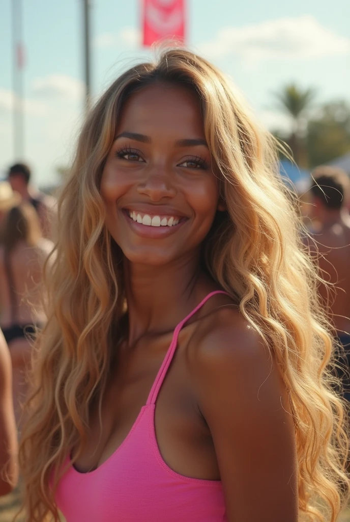very detailed, Erotic woman, knit shirt, (big breasts), golden hair, tanned skin, smiling. Focus on the face, complex eyes staring at the camera. The background is a Balinese beach of fine sand, blue sea and coconut trees naked woman
