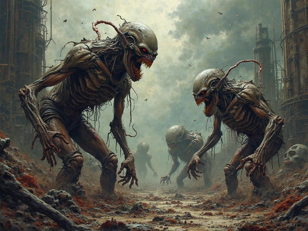 ((best quality)), ((masterpiece)), (detailed), an alien creature, humanoid, gigeresque, pale, milk-white skin, translucent skin, smooth skin texture like a dolphin, no hair, round head, (bulbous head), (xenomorph face), (no eyes), (smooth face), (bright gums) like a shark's mouth, (a long tongue coming out of the mouth with a squid-like beak), (protrusions along a skeletal ridged back), (breathing holes on the chest), a tail that splits into three tentacles, long skinny arms that it walks on, where the legs would be is another set of arms that are used for grabbing, H R Giger, Clive Barker's The Thing, xenomorph, necromorph, predator, Engineer, sci fi horror, cosmic horror