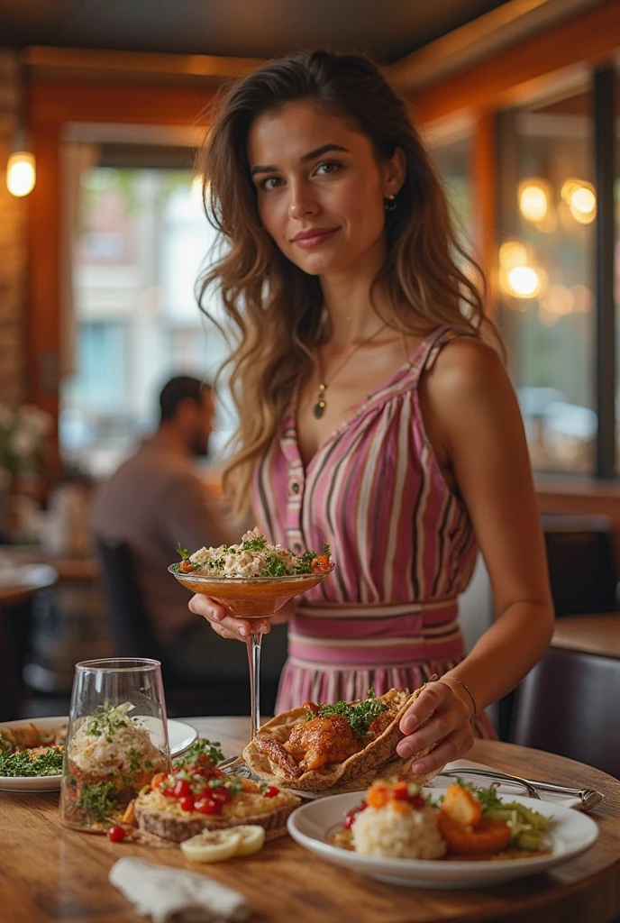 brunette, updo hairstyle, beautiful restaurant, luxurious food, Rome, Aidynn, sunset, Long green dress,