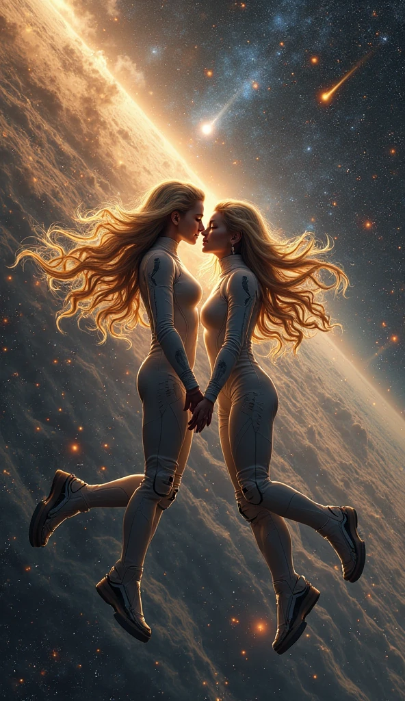 (2girls, the kiss:1.3), she-ra (( comic rondo bombshell, athletic bodies, musculature, White bodysuit, Gold Details, Sword, About Etheria, nigh sky, planet, A desert, mountainscape, high quality picture, master piece, Sun