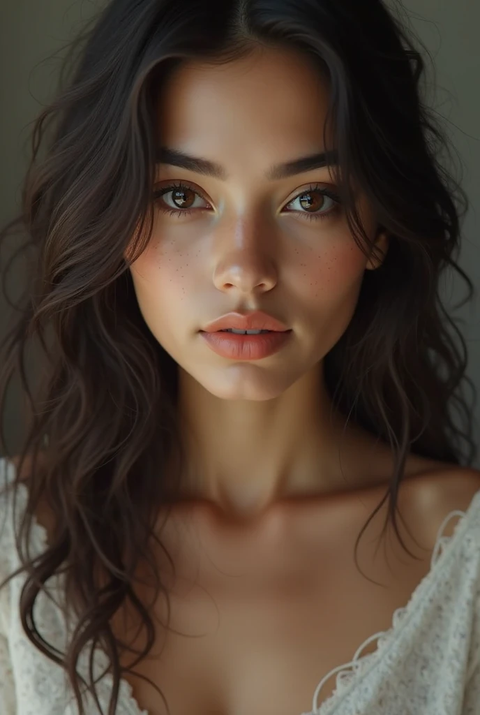 Beautiful  very  veryyyyyyyy very very very real and realistic looking young Latina  girl with wavy brown not too long hair with not that much showing collar bones and smaller boobs ina hoodie with not that much skin showing not that smooth looking skin