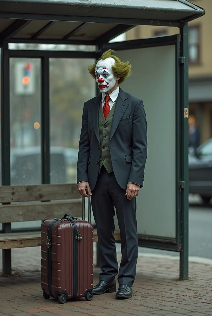 The Jocker walking sideways in a square surrounded by trees and plants with a sunny sky
