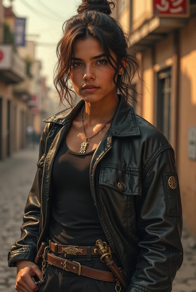 ((best quality)), ((masterpiece)), (detailed), 1girl, in a colorful town, black curly wavy hair, black brown eyes,  tan skin, full body covered, medium big nose, wearing assassin's clothes.