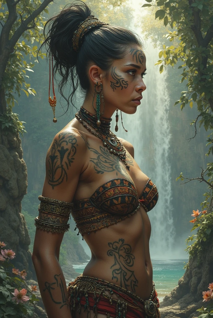nude young tribal sorceress, jungle, cauldron, nsfw:1.1, exposed boobeadraids, pigtails, (tribal ornaments), (tribal tatoos), smoke, sparks, (european face), legs apart, exposed crotch, (((tattoed boobs)))