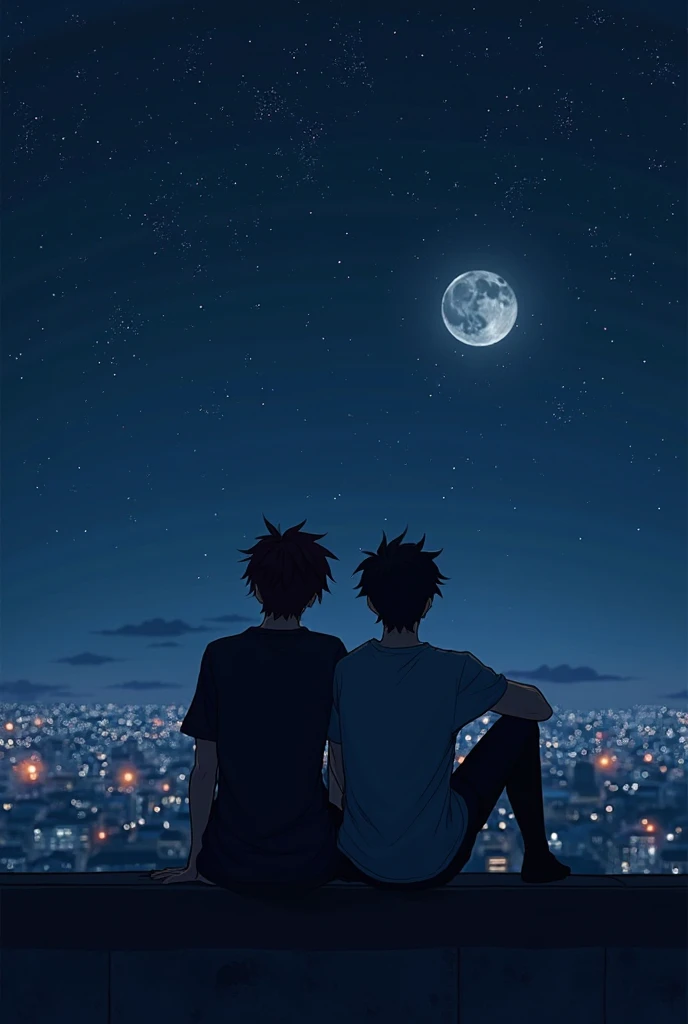 two men sitting on a bridge at night, watching the moon and the river current below them. 
 The man who stood on the right side, has light brown wavy hair, with a tanned skin tone and a somewhat thin body structure, has a strong personality, e ri facil, he is wearing a street style outfit. the other, To your left, has the physical structure of someone who goes to the gym frequently, is high, and has defined muscles, wears a white blouse and jeans and has straight, spiky black hair, and almost pale skin tone, with a look secretly attracted to the other man.
