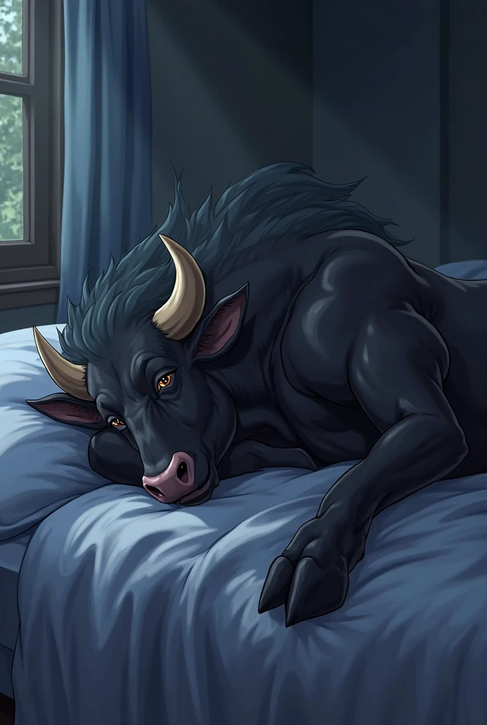 ultra-detailed, masterpiece, masterwork, high quality, best quality, hdr, posted on e621, (by darkgem, by zaahrich), (nature, morning, light leak, bed), nsfw, (male), solo, (red little body minotaur), dragon, (long golden hair, closed eyes, sleeping, white body), lying, from below, dynamic angle, (nude, balls, long foreskin)