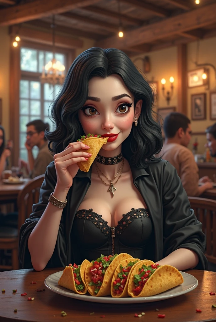 masterpiece, best quality, Maleficent holding a whole cake, 8k, White background,Solid color background,Woman holding cake, 8k, (Clear focus, Very detailed) Warren Tufts, Retro, deep cleavage, bakery shop in background