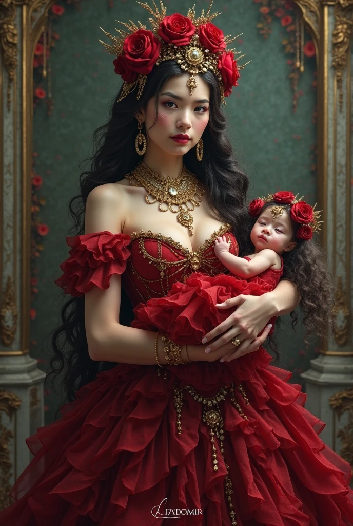 1 heroine, 1 beautiful princess, In the Dark: 1.6), surreal female portrait by David Hockney and Alphonse Mucha, fantasy art, korea doll, photorealism, dynamic lighting, artstation, poster, volumetric lighting, very detailed faces, 8k ultra, all body, Awarded, in the dark, deep shadow, low key, cowboy lens, (Red phoenix dress: 1.4), long hair, black hair, bust, luxurious palace, Royal style, Princess crown, Big round black eyes, style Royal, The most beautiful face, big and regular breasts, Super realistic,