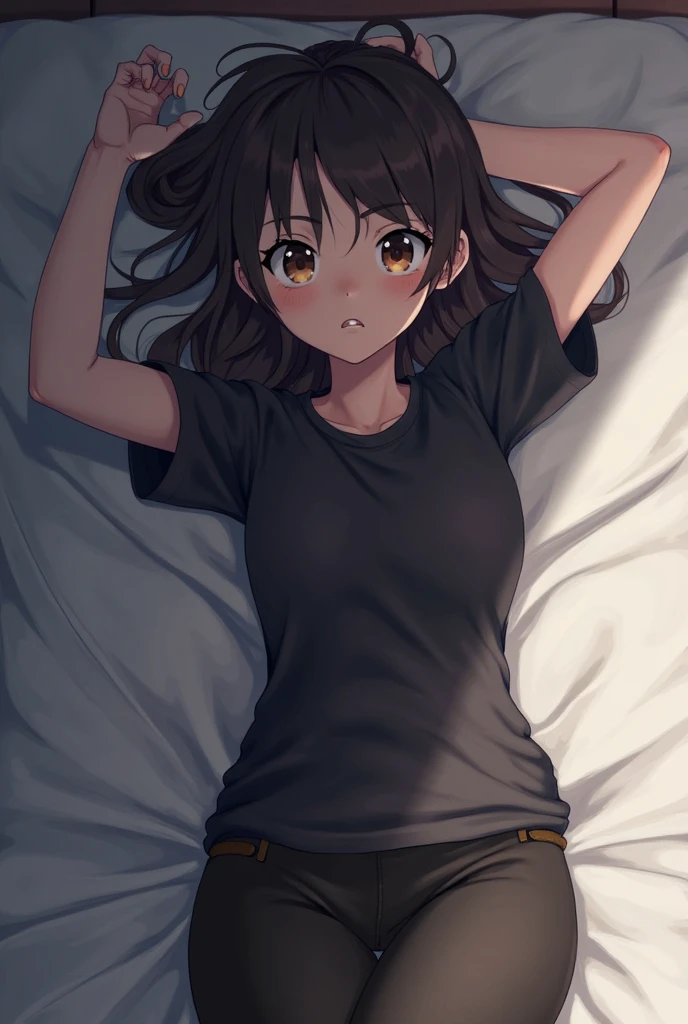 best god quality, Ultra-detailed, perfect Anatomy, (((NO SUNLIGHT))), (((ITS NIGHT TIME))), (Draw a girl laying in a hotel bed), (lights are off), dark room, room is dark, 1girl, is a soft beautiful tan girl, wearing black pajama shorts, dark skin girl, tan line skin, (dark skin*2), (black + short wavy hair*1.2), Full limbs, complete fingers, groin, Beautiful gold eyes, yellow eyes, well-proportioned tan girl, smug eyes, black pajama shirt, dark pajama bottoms, in a dark hotel room, High resolution, Best lighting by professional AI, hotel room, lights are off, looking at viewer, (((One girl in middle))), (((SOLO))), (they are laying down in bed) ((bed sheets over body))