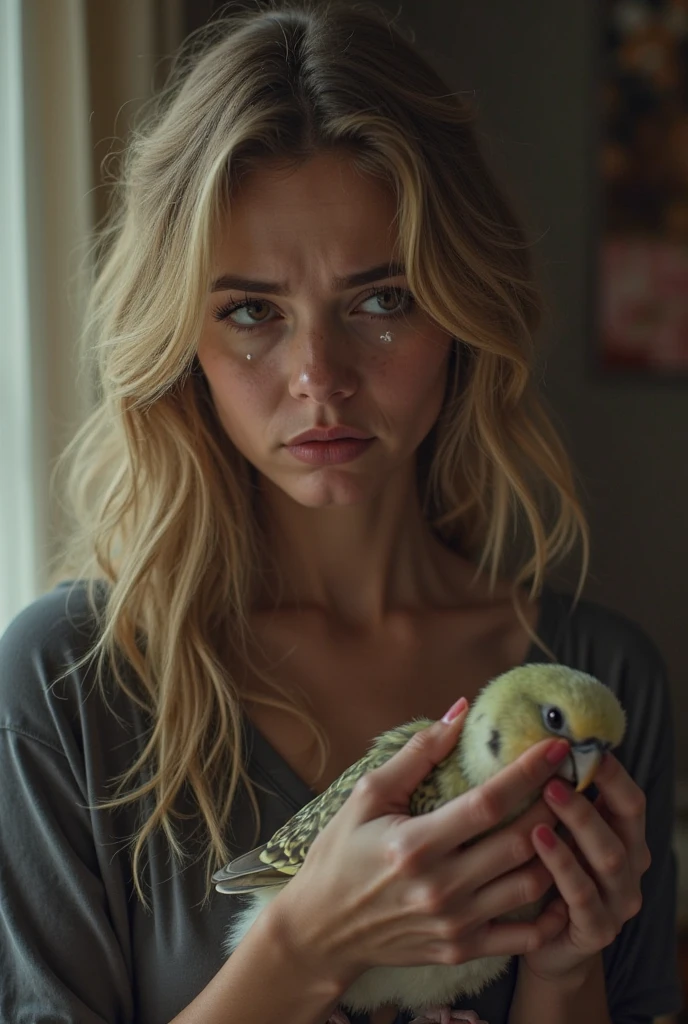 A blonde woman, with tied hair and short , smoking . in a box inside a truck, with your boyfriend who is a cockatiel 