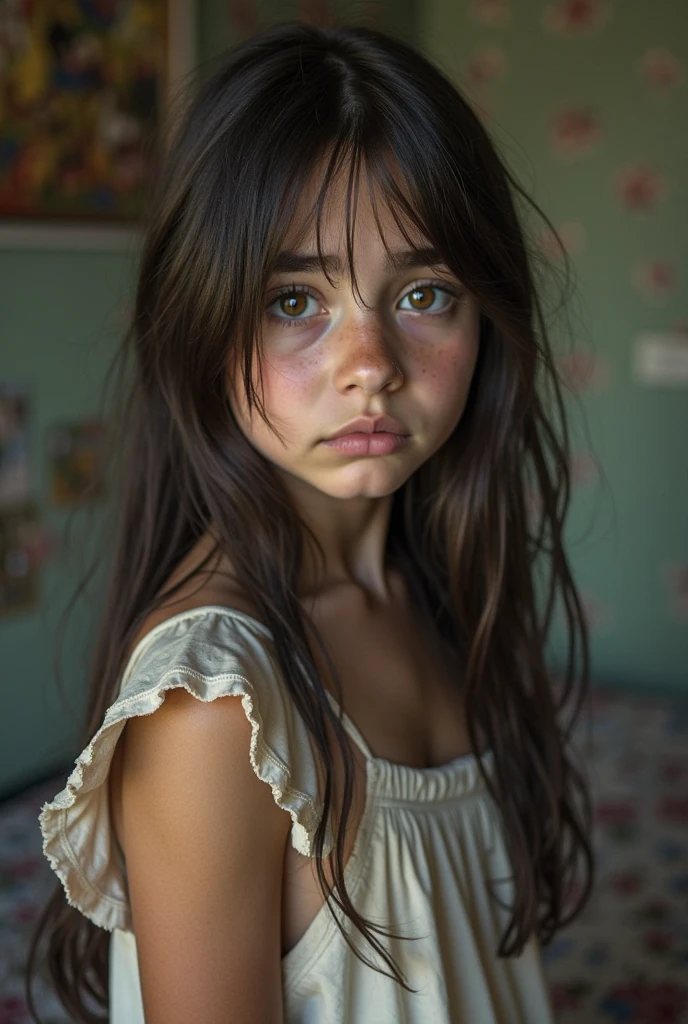 (editorial photograph of a cute 12 year old teen girl), , cleavage, small , flat , ((slim)), skinny, (highly detailed face:1.4) (smile:0.7) (background inside dark, moody, private study:1.3) POV, by lee jeffries, nikon d850, film stock photograph rich colors ,hyper realistic ,lifelike texture, bright lighting 