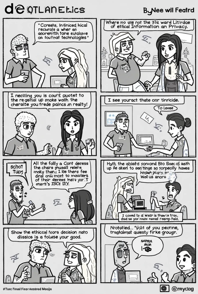  digital comic : “Digital Ethics in Action”

Instructions: Create a comic with 6 to 10 vignettes that tell a fictional story or inspired by reality, where there is an ethical conflict linked to the use of technologies.

Possible Topics:

1. Misuse of Personal Information on Networks.

2. Artificial Intelligence and Privacy.

3.  Cyberbullying .

4. Bioethical decisions in medical or scientific contexts.

Your Story Should:

1. Show the ethical conflict and its implications.

2. Include at least two characters with different opinions.

3. End with a resolution based on the principle: “I Use It Well, without abusing the good”.

4. Include a final reflective phrase about the role of young people in digital ethics.


