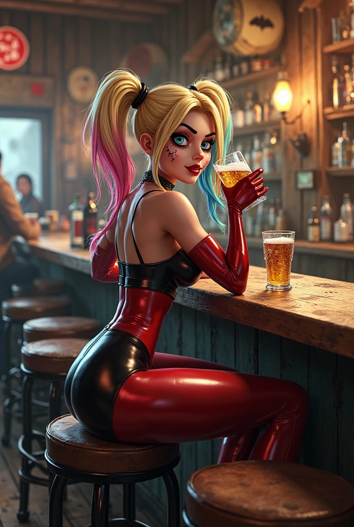 melhor qualidade, ultra-detalhado, cores vibrantes, realistic lighting, Retratos, olhar intenso, sorriso sedutor, cabelos vermelhos e azuis ardentes, maquiagem detalhada, playful and mischievous expression, dinamic poses, Trajes estilosos, Gotham City Setting, energetic and lively atmosphere, diverse and enthusiastic crowd, effects of swirling smoke, postura sedutora e provocadora, Powerful and confident presence