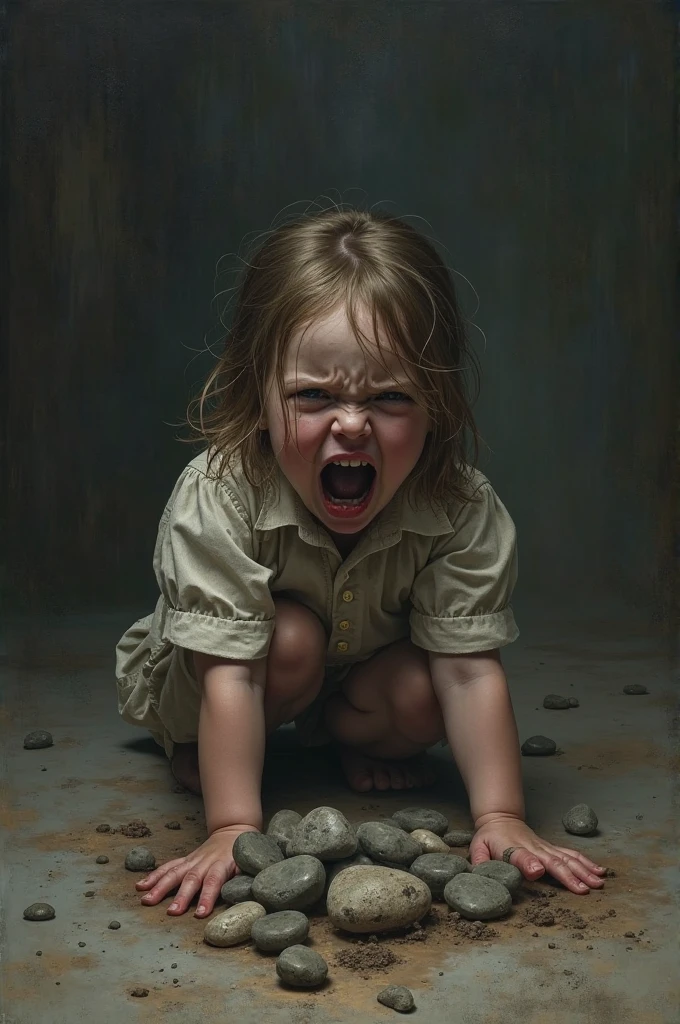 Realistic drawing of a baby, blond hair, green eyes, crying, with his pants full of urine, in his dark house at night