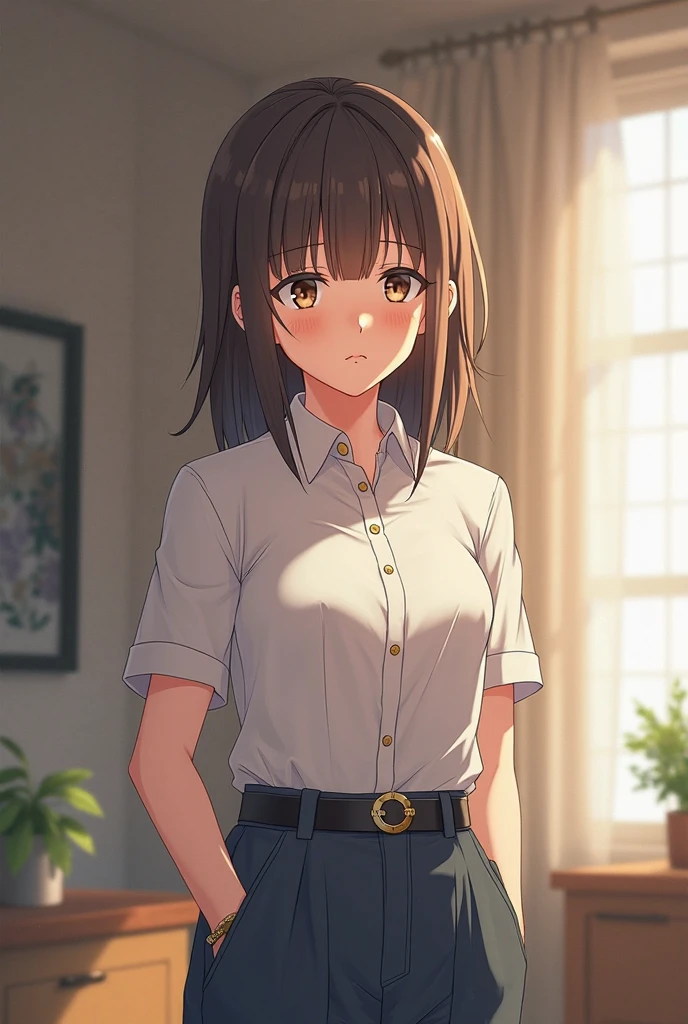 masterpiece, best quality, misaka_mikoto, brown eyes, short_hair, small_breast, looking at viewer, solo, closed_mouth, collared_shirt, school_uniform, shirt, white_shirt, classroom, toaru kagaku no railgun,