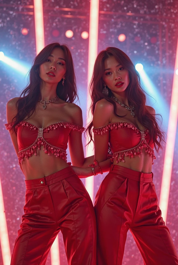 A tense and unexpected moment during a high-energy Kpop performance featuring Lisa and Jennie, members of the renowned group. Both are caught in the spotlight as they navigate through the intricate choreography of their latest hit. Lisa, with her fiery red hair tied in a sleek ponytail, has her eyes widened in surprise as her black crop top dramatically pops open, revealing a flash of a vibrant, patterned bralette beneath. The top falls gracefully to the floor, creating a circular pool of fabric around her. Meanwhile, Jennie, dressed in a matching red outfit with a high-slit skirt, is in mid-spin when the waistband of her skirt gives way, causing it to loosen and hug around her thighs. Her skirt flutters open momentarily, exposing her black shorts underneath as she tries to maintain her composure. The stage lights flicker in a strobe effect, capturing the shock and urgency in the dancers' expressions as they continue to perform, unfazed by the wardrobe malfunctions. The background is a vibrant mix of red and blue lights, reflecting off the shiny floor and the panicked faces of backup dancers trying to stay in sync. The crowd's reaction is a mix of shock and excitement, with some fans holding their breath while others cheer on the duo's professionalism. The stark contrast of their immaculate choreography against the sudden costume issues creates a gripping visual narrative that speaks volumes about their resilience and the unpredictable nature of live performances.