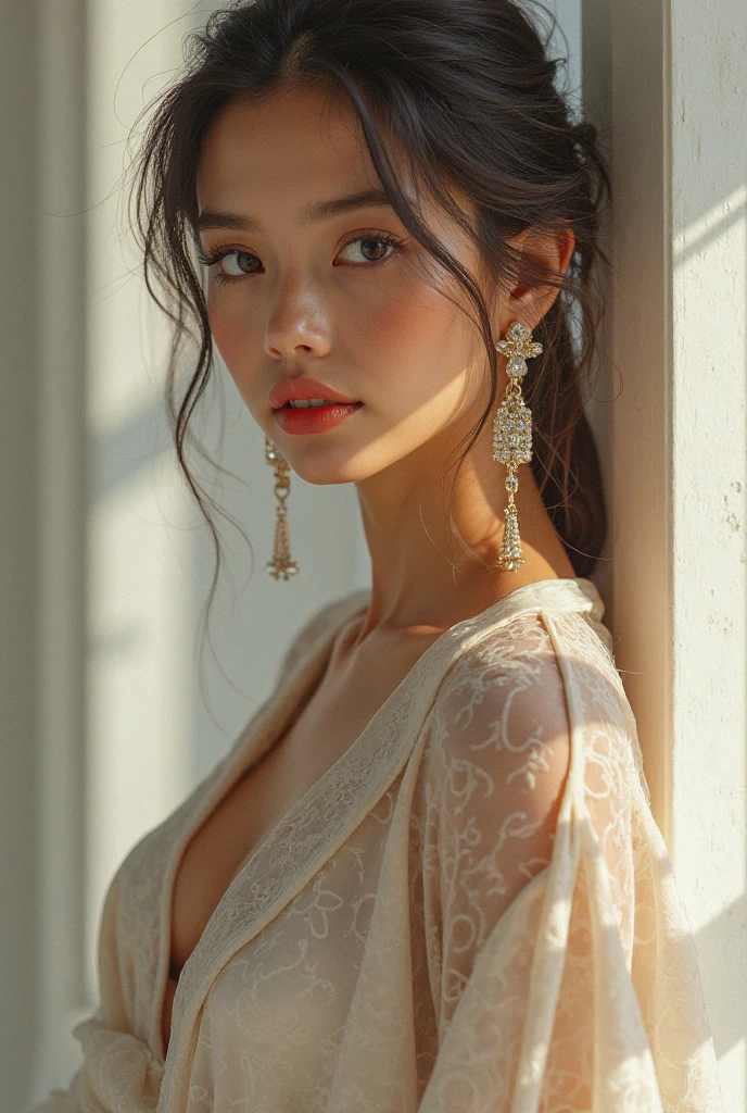 (Background, Symmetrical, Colorful geometric arabesque pattern composition):1.3, (high shadows detail), (Cowboy Shot:1.3), (Hair bun, Single braid, dark brown hair), Best Quality, masutepiece, 超A high resolution, (Photorealistic:1.1), Raw photo, (1womanl:1.3, Solo), (Asian Girl, ultra-delicate face, Super delicate eyes, Ultra-detailed nose, Ultra detailed mouth, Ultra-detailed facial features), (medium breasts:1.3), from the front side, (Shiny skin), lipgloss, Show cleavage、Fumika Baba、slightly pinkish cheeks、top-quality、masterpiece、超A high resolution、lovemaking、Deities々Right、God、A dark-haired、shinny skin、full bodyesbian、There is also a sense of intelligence、No fine wrinkles between the eyebrows、The nose is well-formed,For a delicately contoured face、Big eyes add sparkle、乃木坂アイドル、full bodyesbian、directly in front