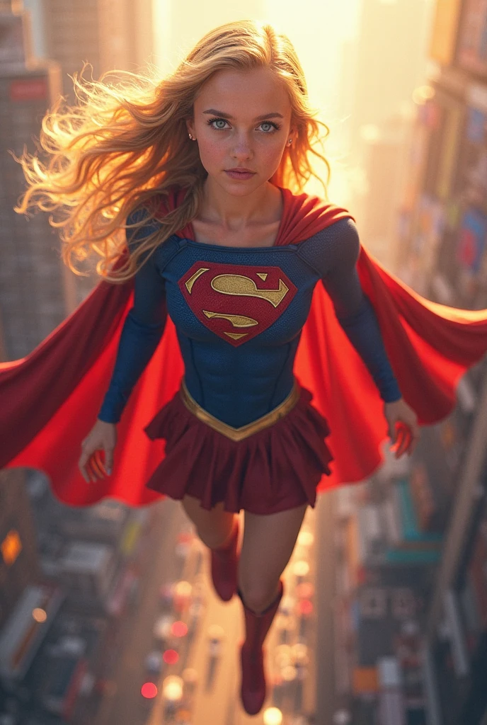 girl, age 6 years, в костюме super girl, suit to the neck, chest closed, stands full-face against the backdrop of the city, a red cloak flutters behind his back, belt, Hair develops