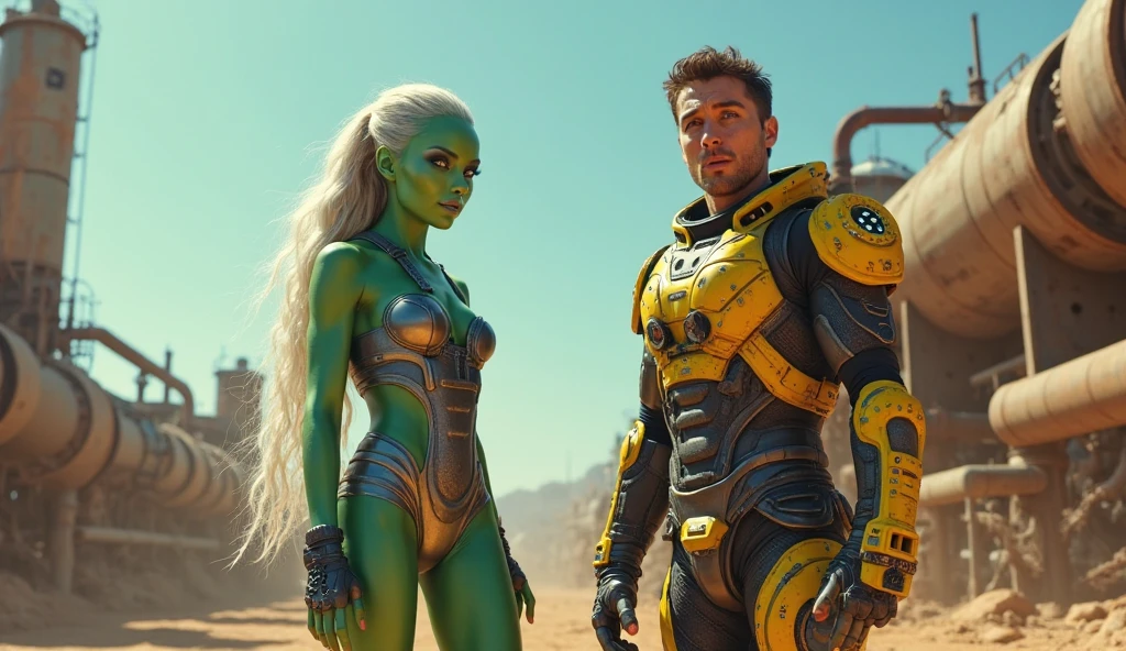 (((Incredibly sexy female Star ship crew member wearing a red revealing uniform))) stands with her (((fully dressed green scaly skinned male Alien captain))) on board ship