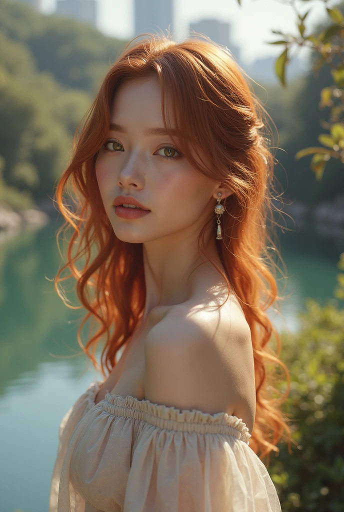( masterpiece, top quality, best quality,8k,17 years old girl,ultra detailed,raw photo:1.5),(photorealistic:1.4), (red hair:1.5), (cinematic lighting), PerfectNwsjMajic, , Surrealism, UHD, ccurate, Super detail, textured skin, High detail, Best quality, dynamic angle, (high nose,White skin),[Beautiful blue eyes],[flat chest:large breasts:0.5],(1girl),(good anatomy:0.5)),(outside:1.5),Necklaces, earrings 