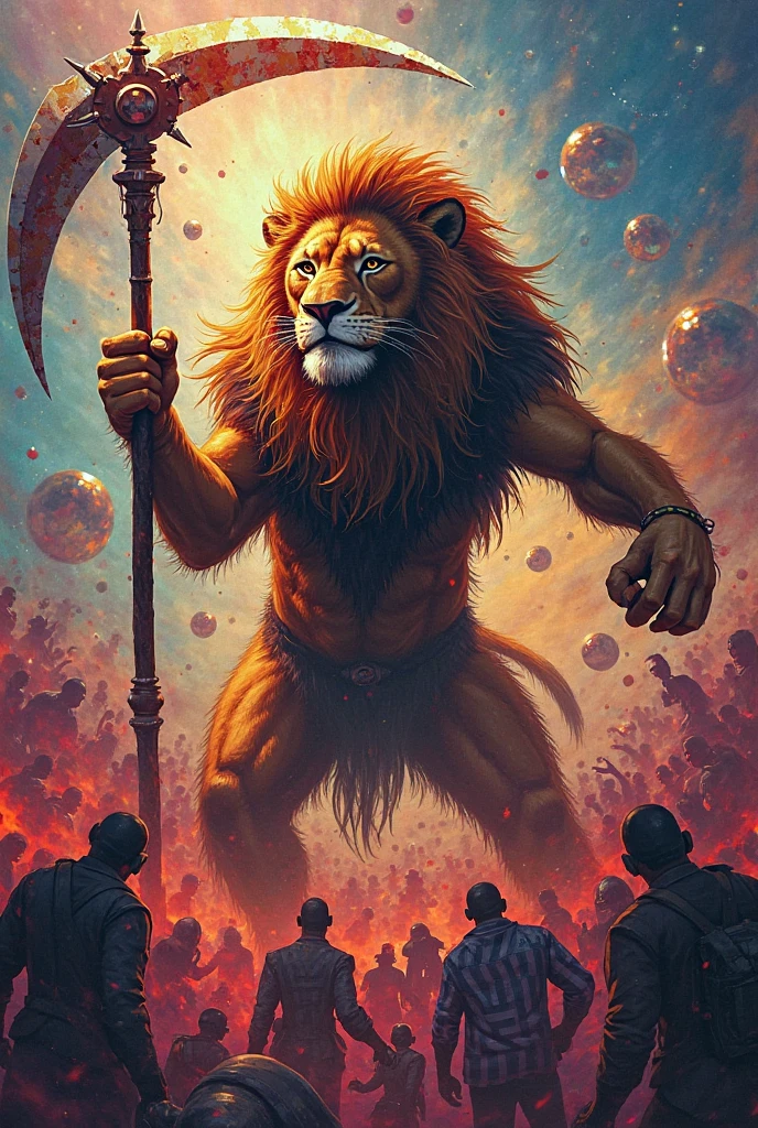 A humanoid lion superhero, with a very confident and leadership personality, using a shield with green colors, yellow and blue and the inscription PWW in large letters in the middle of the shield. Behind him a horde of zombies.