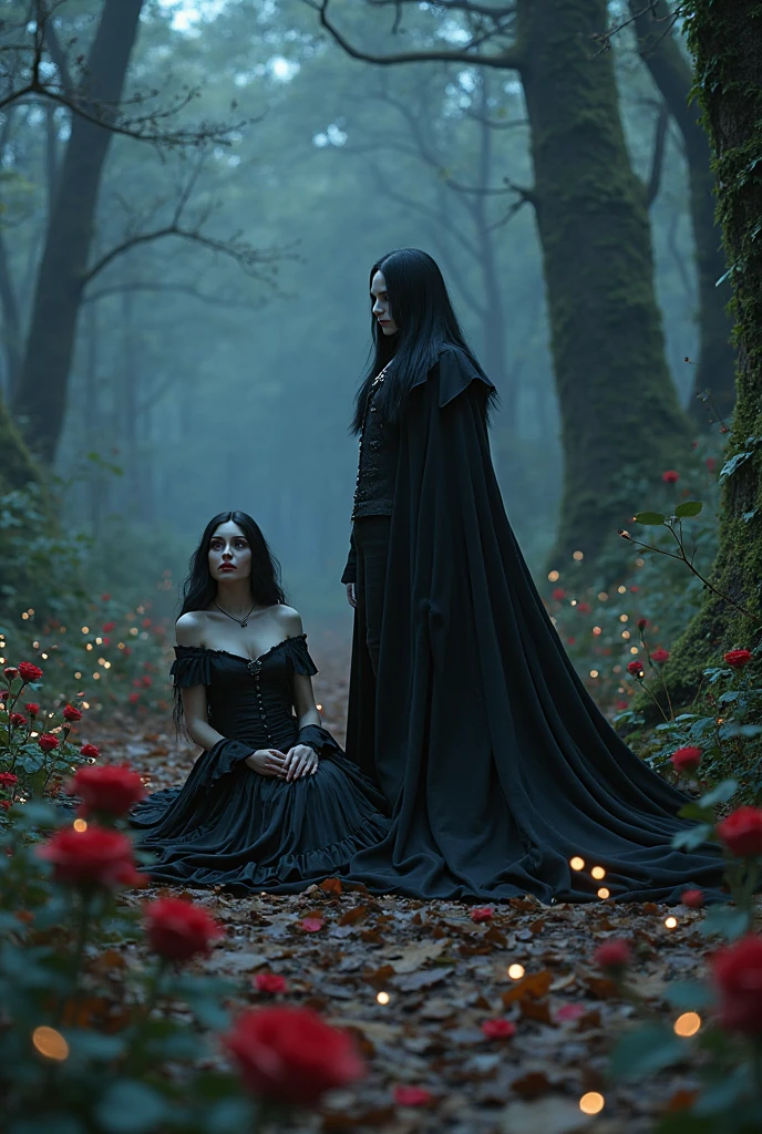 A young elf girl with pointed ears and long, wavy dark hair, wearing an intricate, dark, and magical outfit, sitting in a forest with a small, black dragon in her lap. The scene is mystical and slightly eerie, with the girl and dragon sharing an intense, almost otherworldly connection. The background includes blurred forest elements to enhance the focus on the characters.