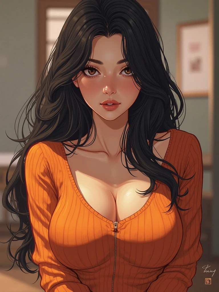 A brunette girl with black hair and big breasts, sitting on a chair at a coffee shop