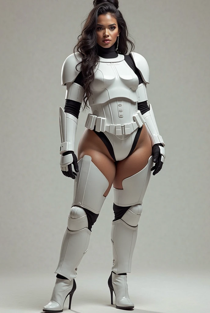 Incomparable masterpiece, perfect artwork, (detailed female Stormtrooper), Star Wars cosplay, black thigh-high boots extending up to her knees, full body capture, dynamic portrait, hyperrealism style, (detailed RAW color art), (bokeh effect: 1.3) adding a dreamy, out-of-focus background, following leading lines with her weapon pointed below the frame, tilt-shift technique simulating a miniature scene to emphasize the towering figure, captured under butterfly lighting for balanced and soft illumination.