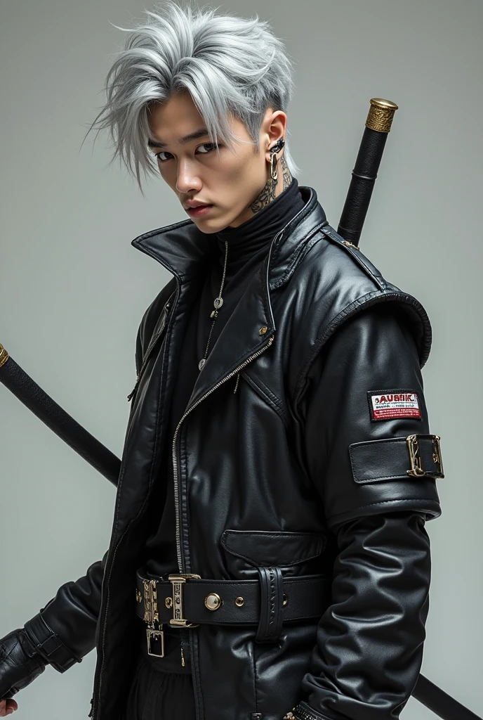 Black hat, shirt and shorts, skull with a sword behind headphones