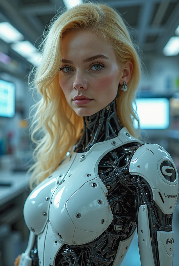 (masterpiece, best quality:1.2), woman with blonde hair posing for a picture, blonde hair and large eyes, pale-skinned perfect face, pale white face, with pale skin, 🤤 girl portrait, faint red lips, pale fair skin!!, red lips, pale skin and dark eyes, lovely delicate face, portait photo profile picture, hyper punk background, (humanoid cyborg:1.4) with (technological cyborg suit:1.4), (standing and looking to camera:1.4)