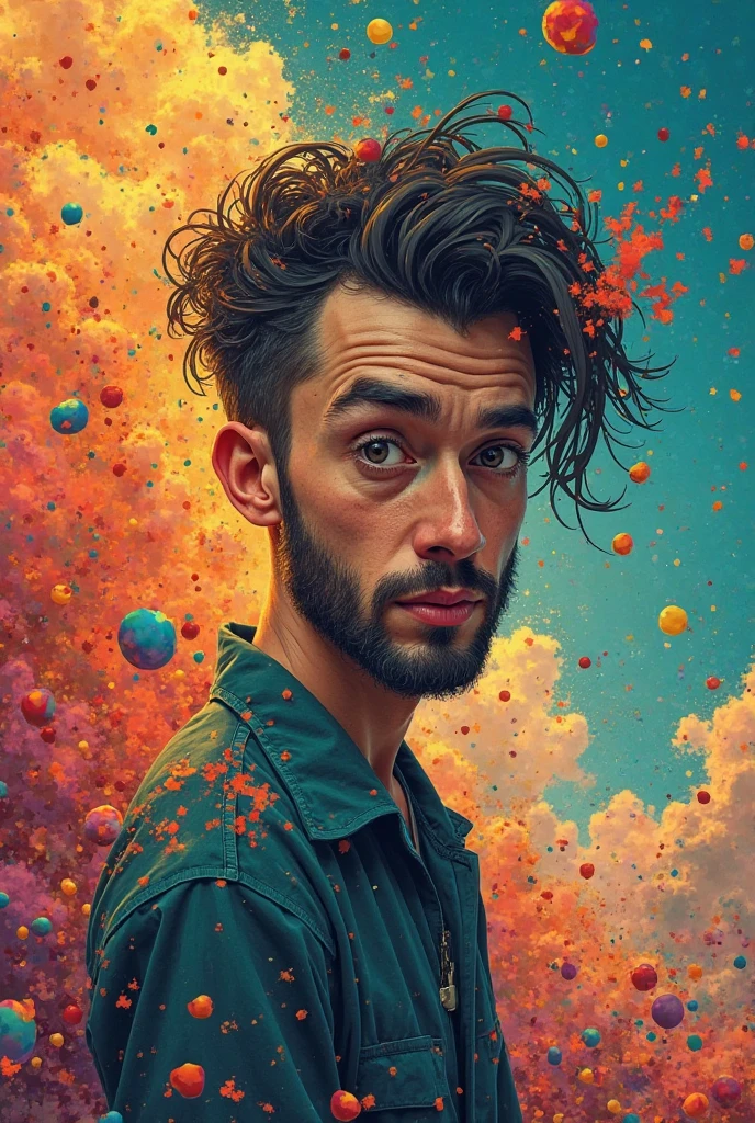 1boy, in the style of (anime, norman rockwell:0.5), front side view, sad, eyes downcast, holding self, <lora:md2034:0.5>, covered in rainbow paints and powder, rainbow smoke surround the entire scene, colorful, paint splatter, muscular, <lora:more_details:0.5>