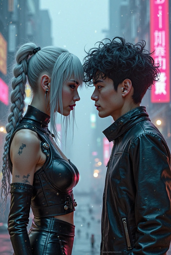 A hyper-realistic 8k highly detailed, portrait, gothic painting, sultry of a close-up of Korean couple facing each other intimately. Both couples have platinum blonde hair; the female has intricate braids, and the male has a modern undercut. They are wearing matching black blinds folded & with straps, adorned the male had black strap in his mouth, The background is Tokyo and lights effect creating a glamorous atmosphere. The male has tattoos on his arm