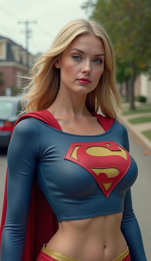 ((high resolution)), ((pale skin)), freckled, Taylor Swift, blushing cheeks, wavy hair, smiling, large breasts, sexy Supergirl, one exposed breast