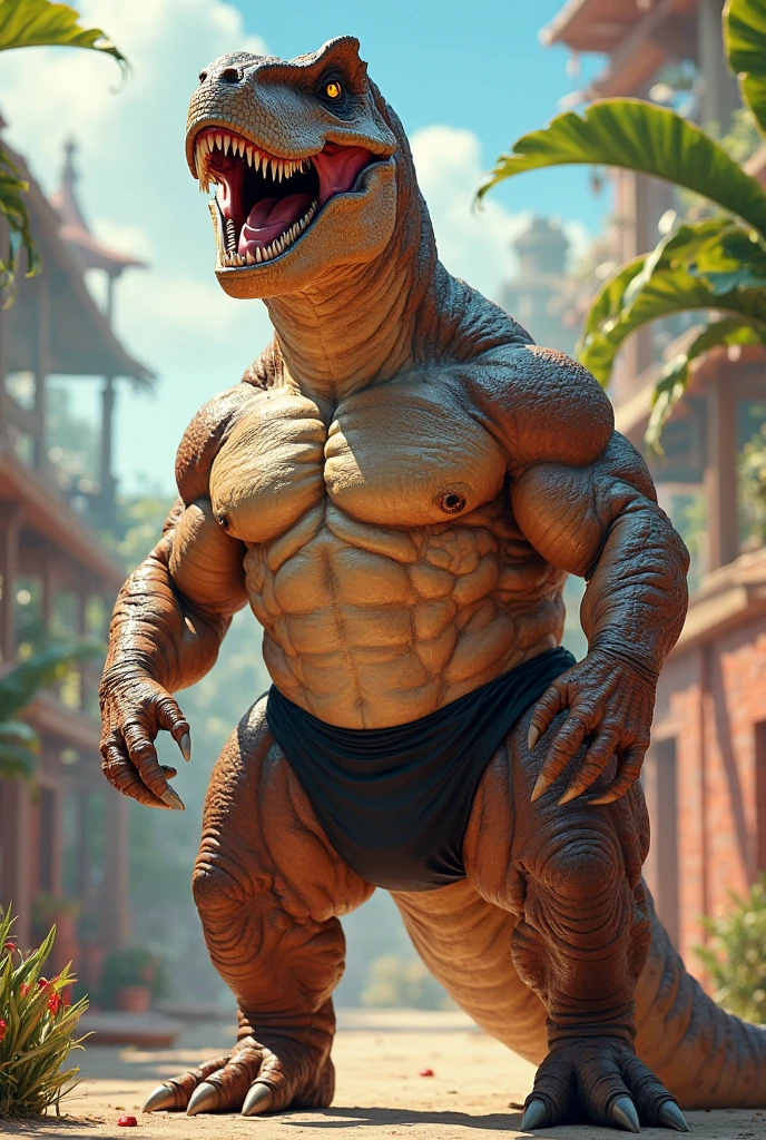 Dragon, Multi-Colored Body, Male, Solo, Horn, Dragon Tail on Front, Middle-aged, Front View, Speedo, Bulge, Correct Hands Anatomy, Correct Fingers, Correct Anatomy, Hands on side, Looking Viewer Confused, Tail on side, Beach background, Furless, Hairless, Scales, Muscle: 3, Muscular Body, Big Pectorals, Pecs, Tattoo on Pectorals, Dragon Tail, Dragon Wings, (Photorealistic, Realistic shadows, depth of field, Wide Dynamic Field, Dark Shadows, HDR, Low Light: 1.2, Low angle Full Body Shot),
